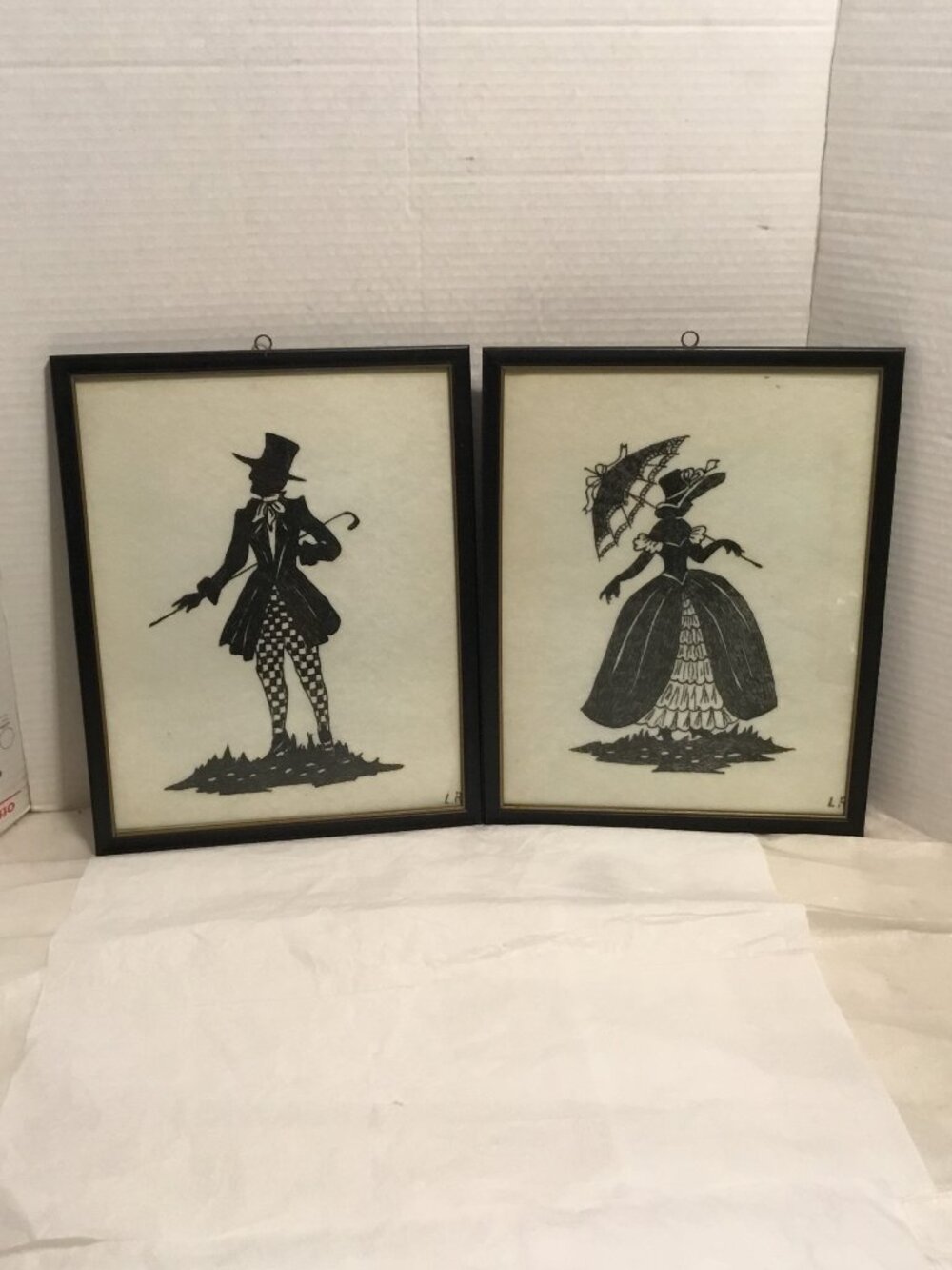 Vintage set of hand painted or colored silhouette framed pictures signed LR